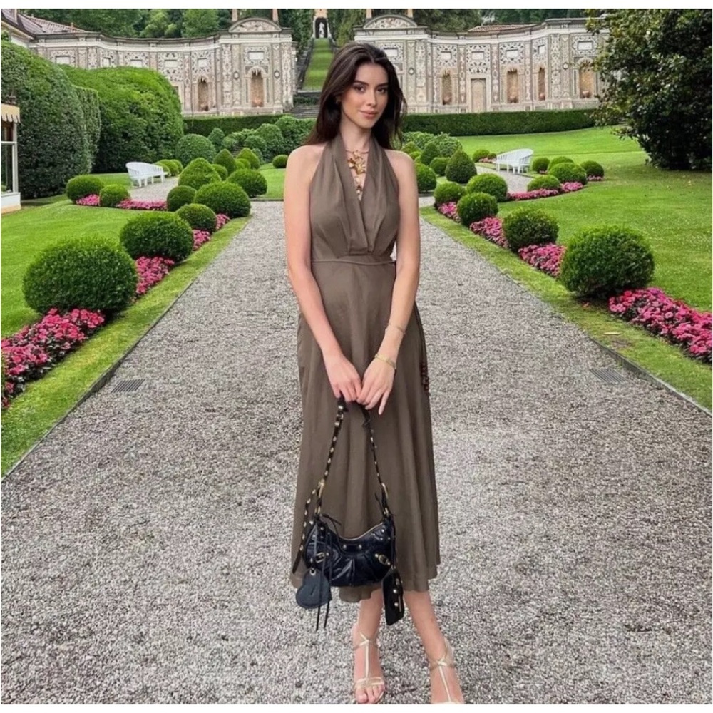 Zara linen blend khaki green halter neck mid dress